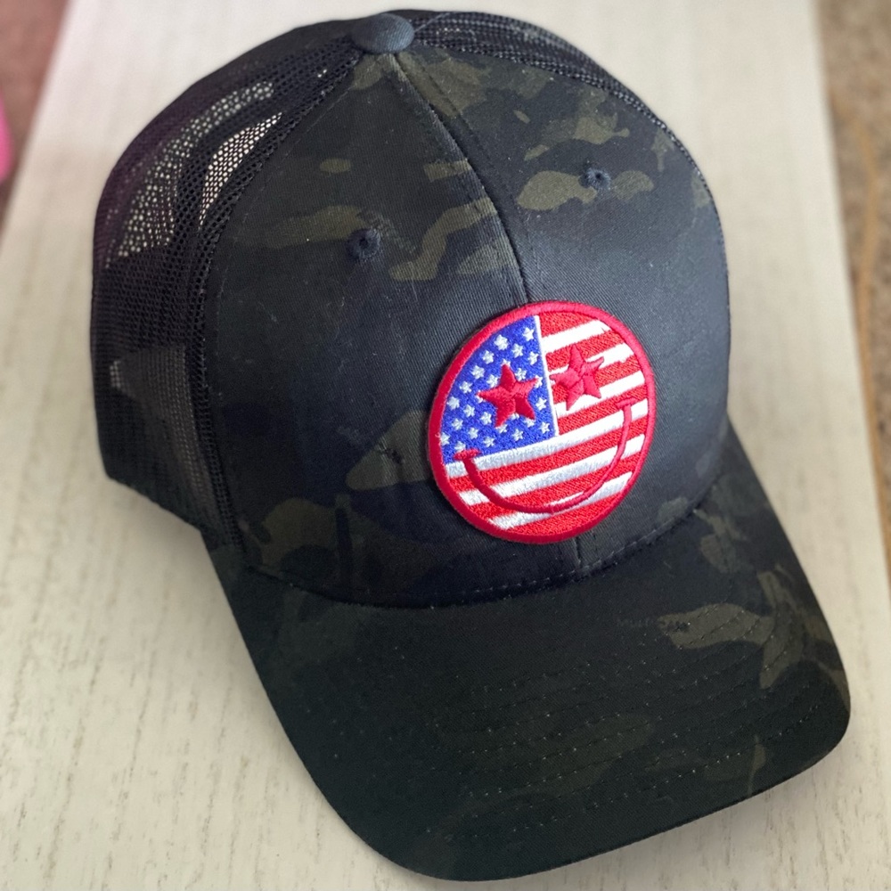 America Trucker Hat Custom patch American Flag Happy Face Camo